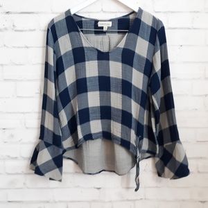 Cloth & Stone Plaid Blouse Blue Tan Buffalo  V Neck Bell Sleeve Double Layer